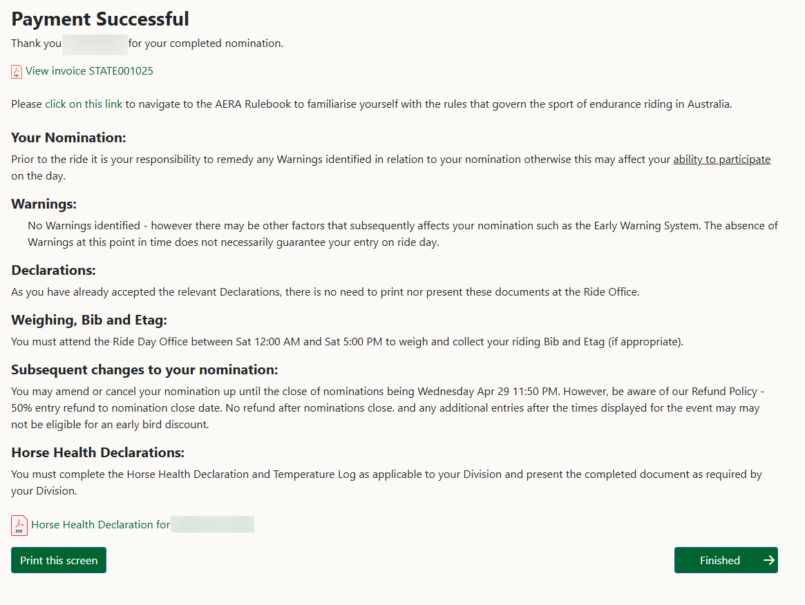 Payment Successful page showing the Horse Health Declaration link.